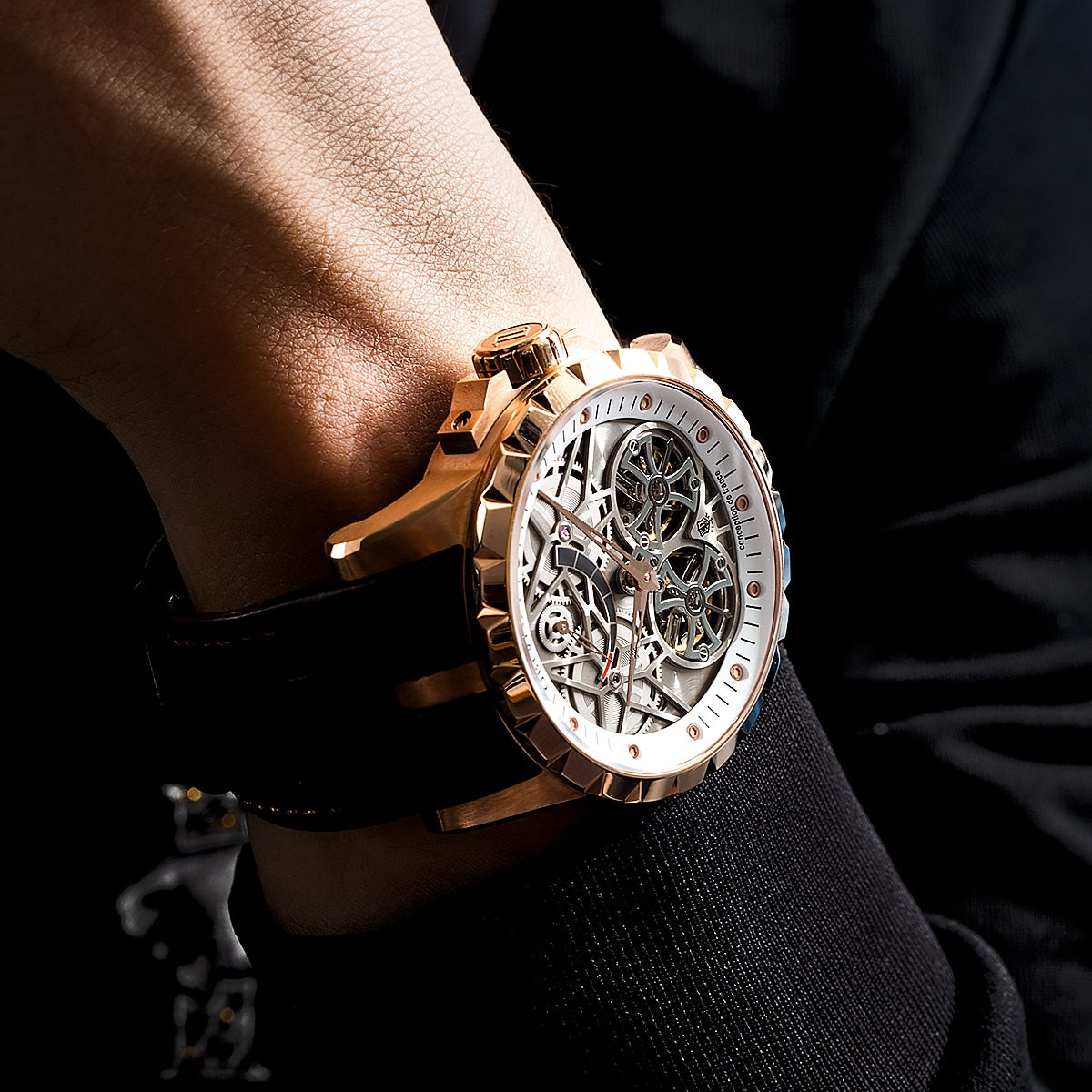 OBLVLO lujo transparente hueco esqueleto relojes automáticos para hombres deporte mecánico doble volante piel de becerro cuero zafiro