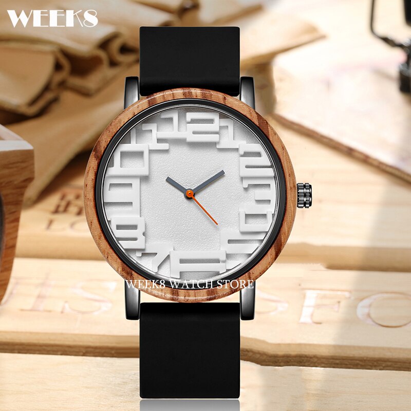 Reloj de madera de bambú para hombre y mujer, pulsera con números, banda de silicona, diseño Simple