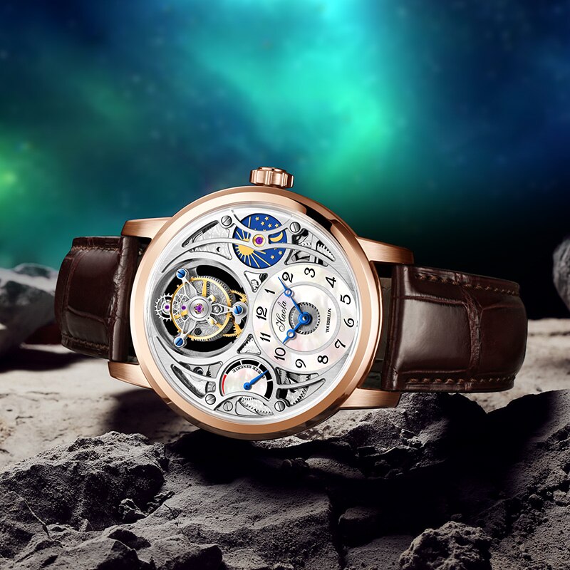 Haofa-Reloj de pulsera con movimiento Manual Tourbillon para hombre, accesorio masculino con mecanismo de Tourbillon a las 12 en punto, mecanismo mecánico de zafiro Moonphase