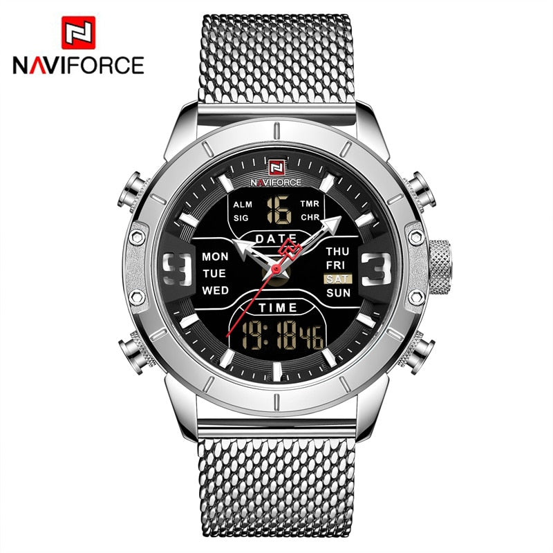 NAVIFORCE – reloj para hombres, cronógrafo de cuarzo, deportivo, militar, digital, LED, de acero inoxidable, masculino