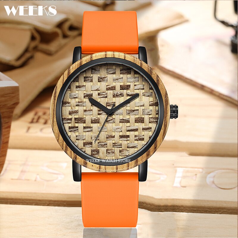 Reloj de madera de bambú para hombre y mujer, pulsera con números, banda de silicona, diseño Simple