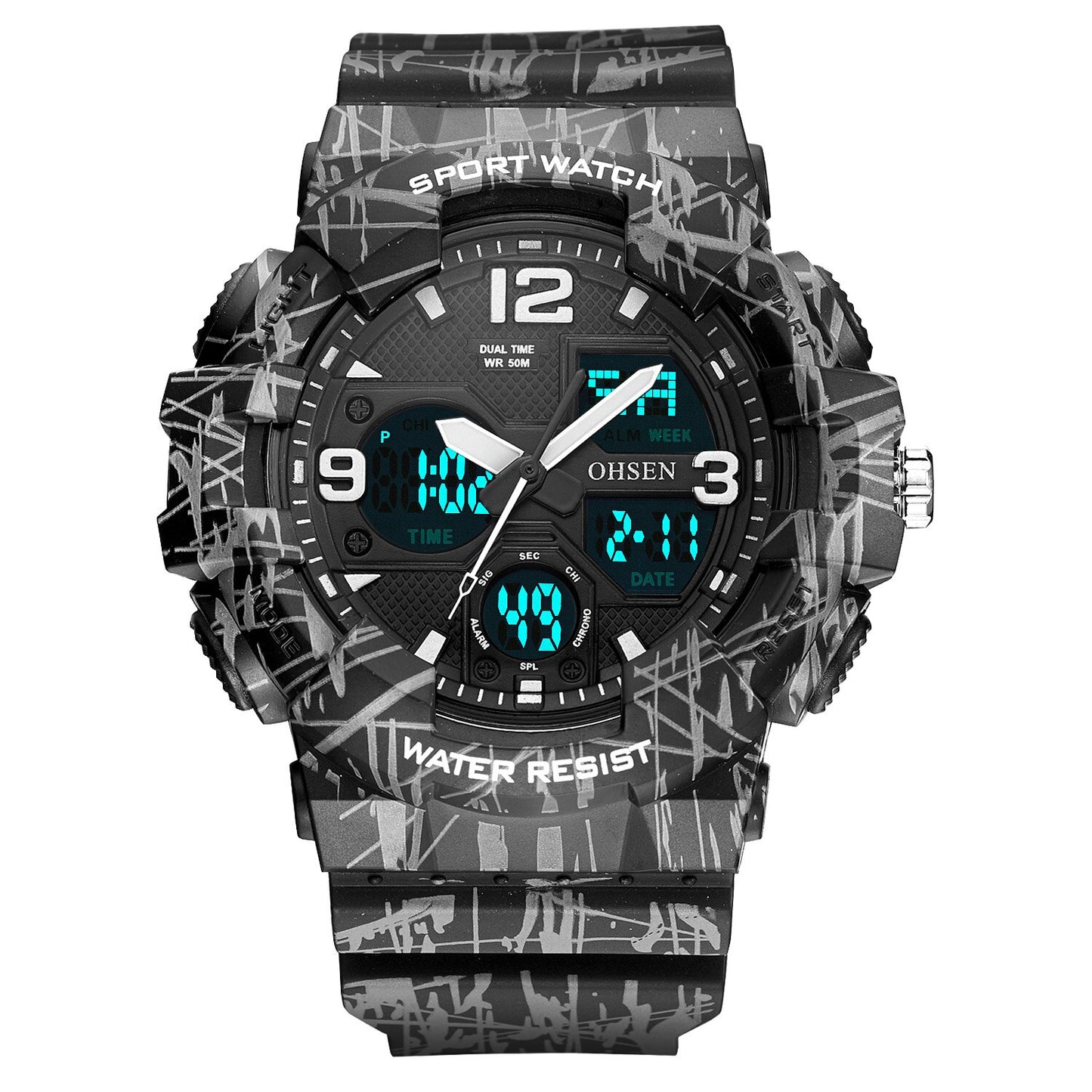 Reloj Digital de cuarzo para hombre crongrafo analgico de silicona resistente al agua de camuflaje color negro -