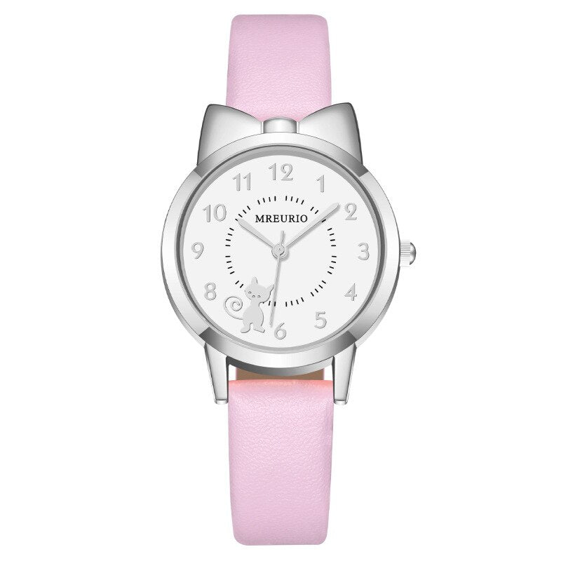 Reloj de cuarzo con correa de cuero para niños, pulsera Digital con lazo de gato bonito.