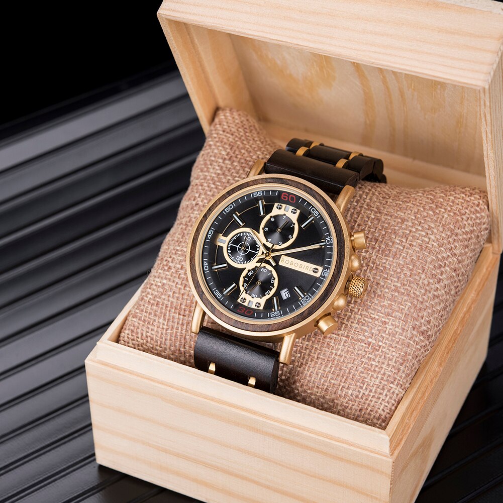 BOBOBIRD-reloj de pulsera luminoso de madera para hombre, cronógrafo masculino con caja de madera, V-S18