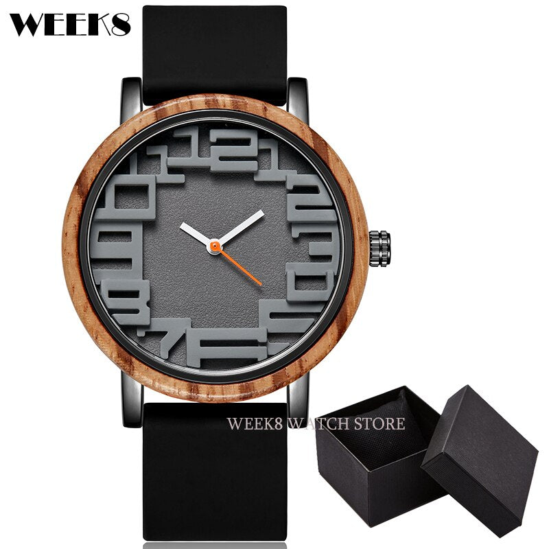 Reloj de madera de bambú para hombre y mujer, pulsera con números, banda de silicona, diseño Simple