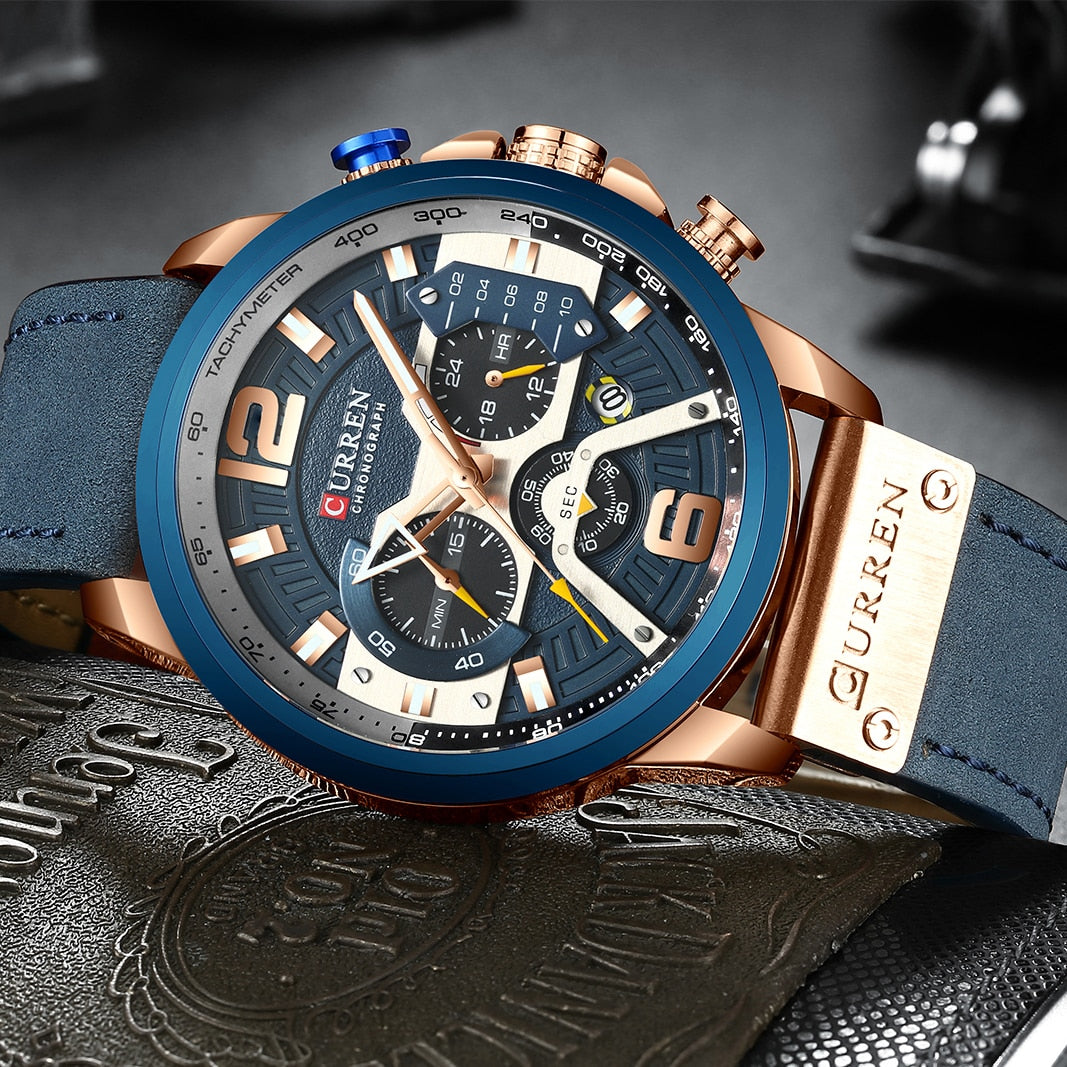 CURREN-relojes para hombre, con estilo informal y militar de lujo, cuenta con un cronógrafo de moda con correa de cuero. Con Caja ideal para regalar.