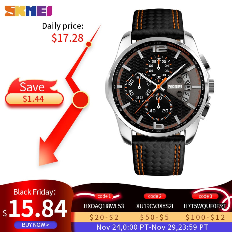 SKMEI Reloj Deportivo de Moda para Hombres, Marca de Lujo, Correa de Cuero, Resistente al Agua 5 Bar, Reloj de Pulsera de Cuarzo, Relogio Masculino 9106.