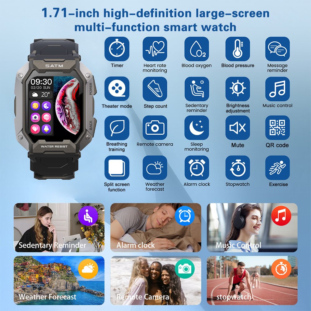 SKMEI 380mAh Smartwatch para natación, resistente al agua IP68, con monitor de ritmo cardíaco y podómetro. Reloj inteligente deportivo de 1.71 pulgadas para hombres, compatible con Android e iOS. 🏊‍♂️⌚️💓🚴‍♂️