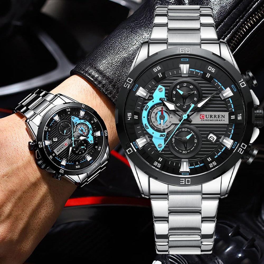 CURREN Sport Watch para hombre, cronógrafo cuarzo, agua resistente, lujo, acero inoxidable, luminoso.