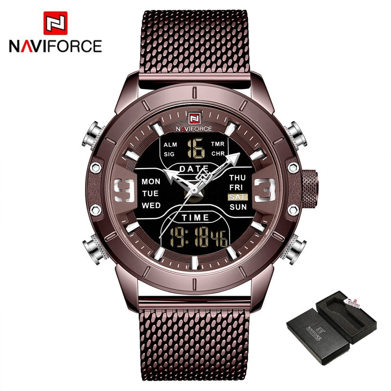 NAVIFORCE – reloj para hombres, cronógrafo de cuarzo, deportivo, militar, digital, LED, de acero inoxidable, masculino