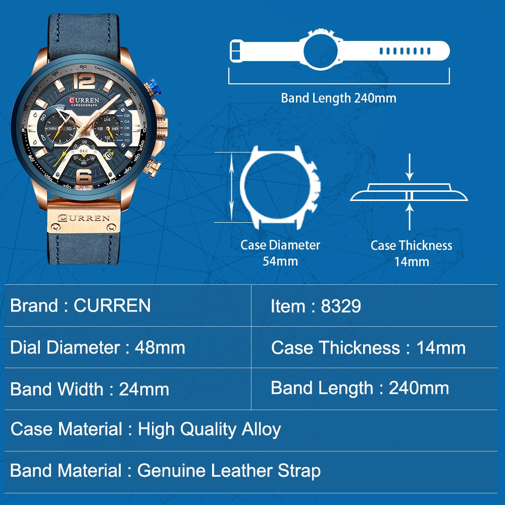 CURREN-relojes para hombre, con estilo informal y militar de lujo, cuenta con un cronógrafo de moda con correa de cuero. Con Caja ideal para regalar.