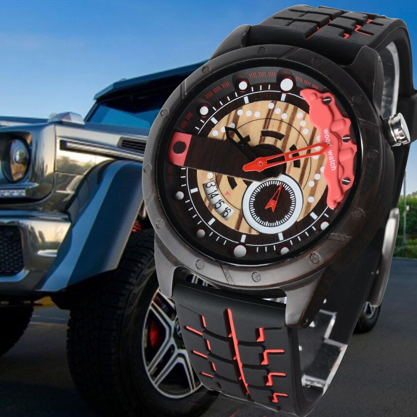 Reloj deportivo De cuarzo para hombre, cronógrafo De Madera con diseño creativo De rueda De carreras, correa De silicona suave, pantalla luminosa, Militar
