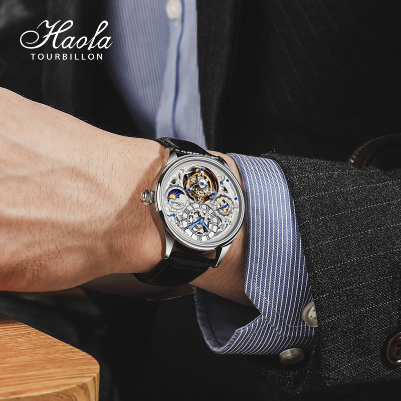 HAOFA-reloj mecánico con movimiento Tourbillon para hombre, cronógrafo con esqueleto Manual, zafiro, GMT Moonphase,
