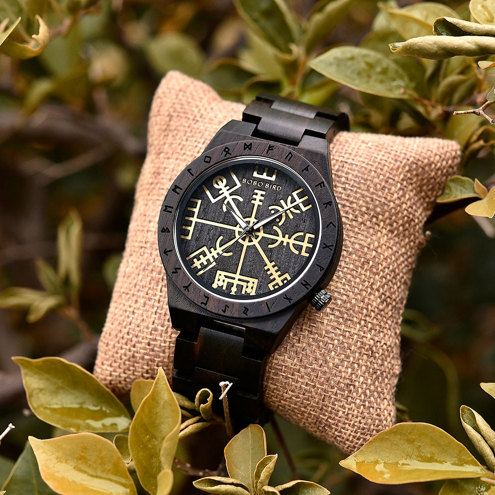 BOBO BIRD- COLECCION RUNA NORDICA  Reloj de pulsera de madera para hombre, cronógrafo de cuarzo con círculo rúnico, timón dorado, Vegvisir, a la moda, gran caja de regalo