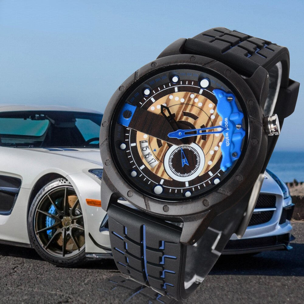 Reloj deportivo De cuarzo para hombre, cronógrafo De Madera con diseño creativo De rueda De carreras, correa De silicona suave, pantalla luminosa, Militar