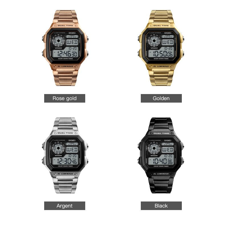 SKMEI ¡Los "Relojes Deportivos SKMEI de Lujo Superior" con correa de acero inoxidable! Resistente al agua 5Bar, luz de fondo y funciones de cuenta regresiva y alarma. ¡Un reloj digital para hombres con estilo y funcionalidad! ⌚💦🔥