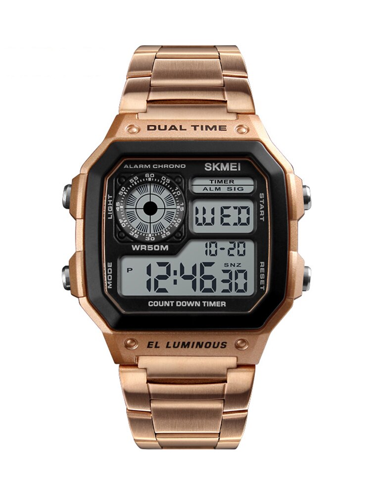 SKMEI ¡Los "Relojes Deportivos SKMEI de Lujo Superior" con correa de acero inoxidable! Resistente al agua 5Bar, luz de fondo y funciones de cuenta regresiva y alarma. ¡Un reloj digital para hombres con estilo y funcionalidad! ⌚💦🔥