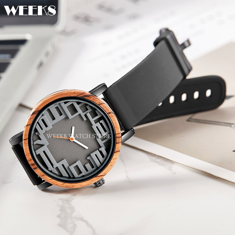 Reloj de madera de bambú para hombre y mujer, pulsera con números, banda de silicona, diseño Simple