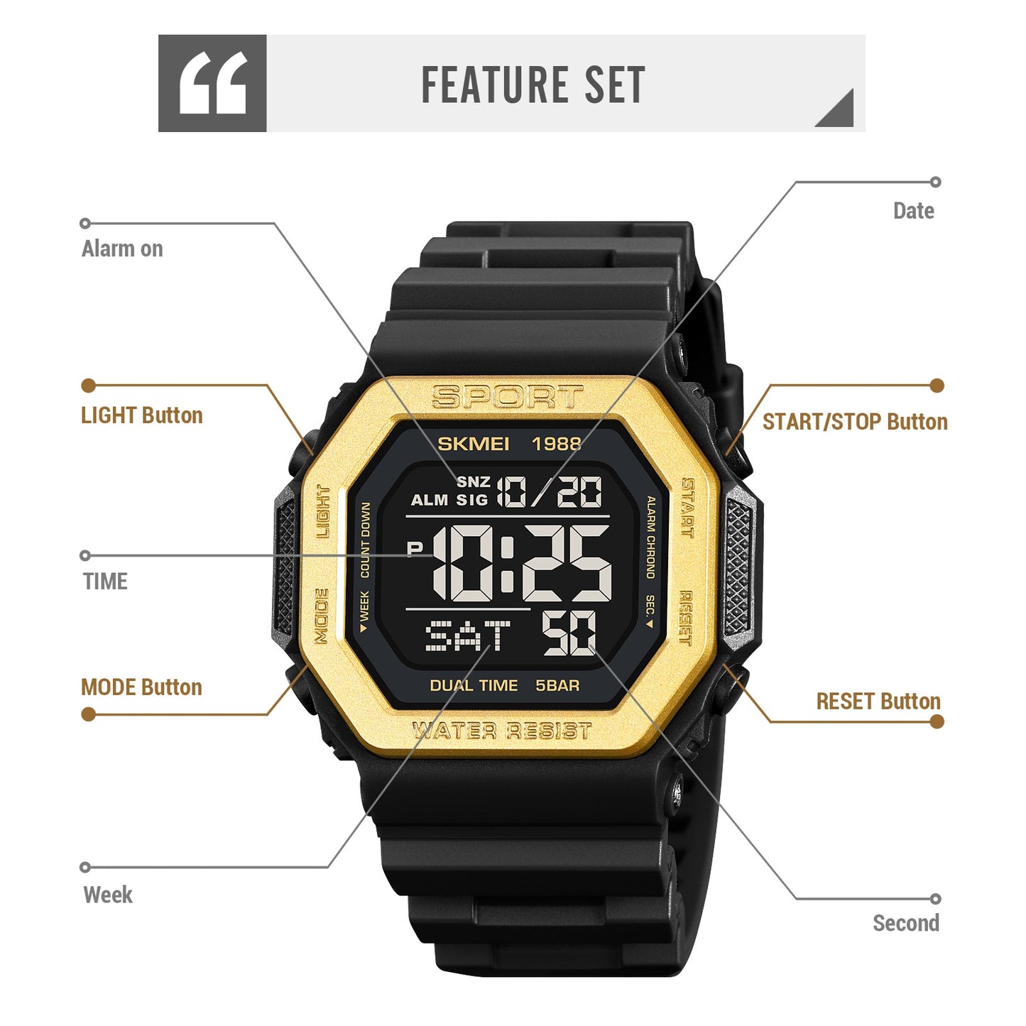 SKMEI Relojes deportivos digitales con luz trasera de moda para hombres, cronógrafo de cuenta atrás militar, resistente al agua 5Bar, reloj despertador.