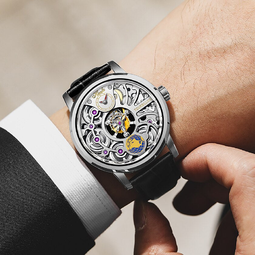 Haofa-Reloj de negocios para hombre, accesorio masculino de pulsera resistente al agua con doble esqueleto, Tourbillon Manual, 120H de reserva de energía, zafiro, 1938
