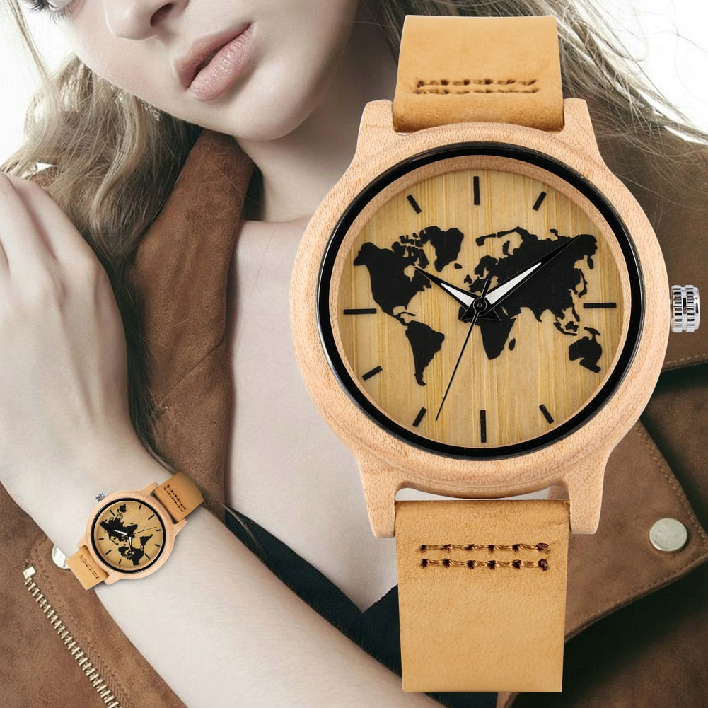 🌍 Reloj de Madera con Mapa Mundial Tallado para Hombres 🕰️, Reloj de Moda de Madera de Bambú 🎋, Reloj de Pulsera de Cuarzo Retro con Correa de Cuero Marrón 🏞️, Esfera con Escala de Reloj ⏱️.