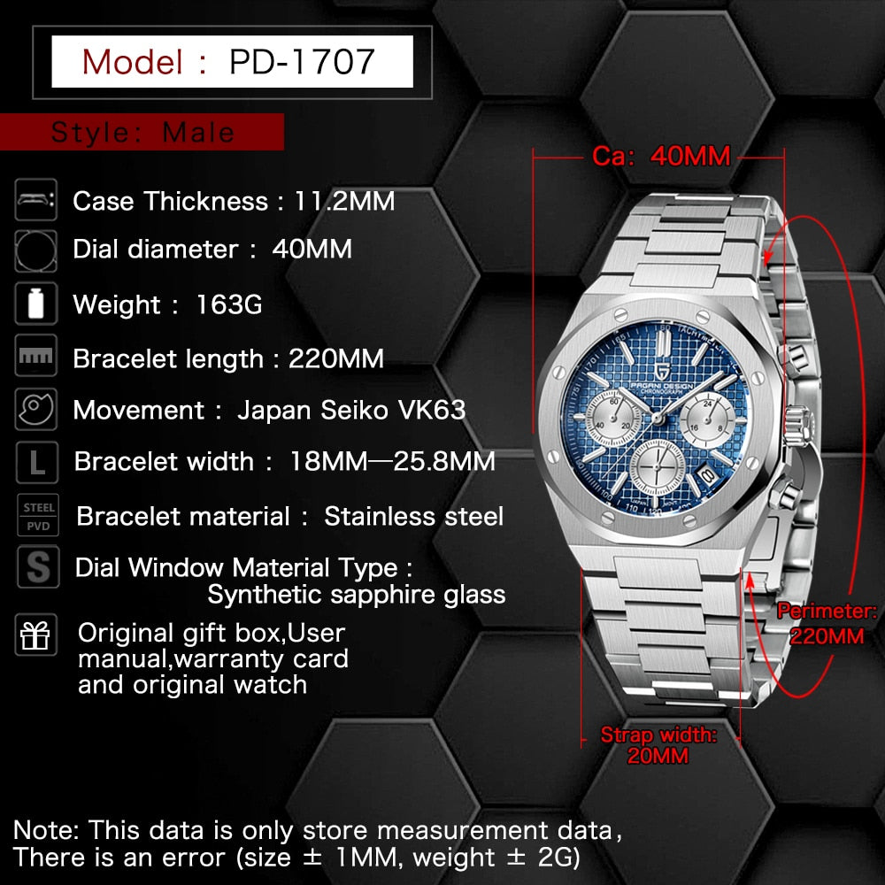 PAGANI Design-Reloj de cuarzo deportivo para Hombre, cronógrafo de acero inoxidable con zafiro, resistente al agua hasta 2023 m, nuevo, 200