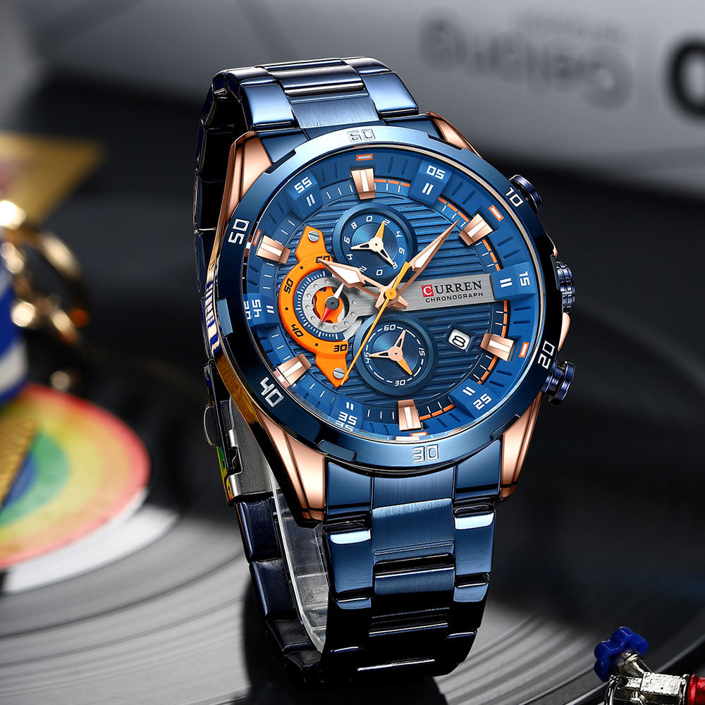 CURREN Sport Watch para hombre, cronógrafo cuarzo, agua resistente, lujo, acero inoxidable, luminoso.