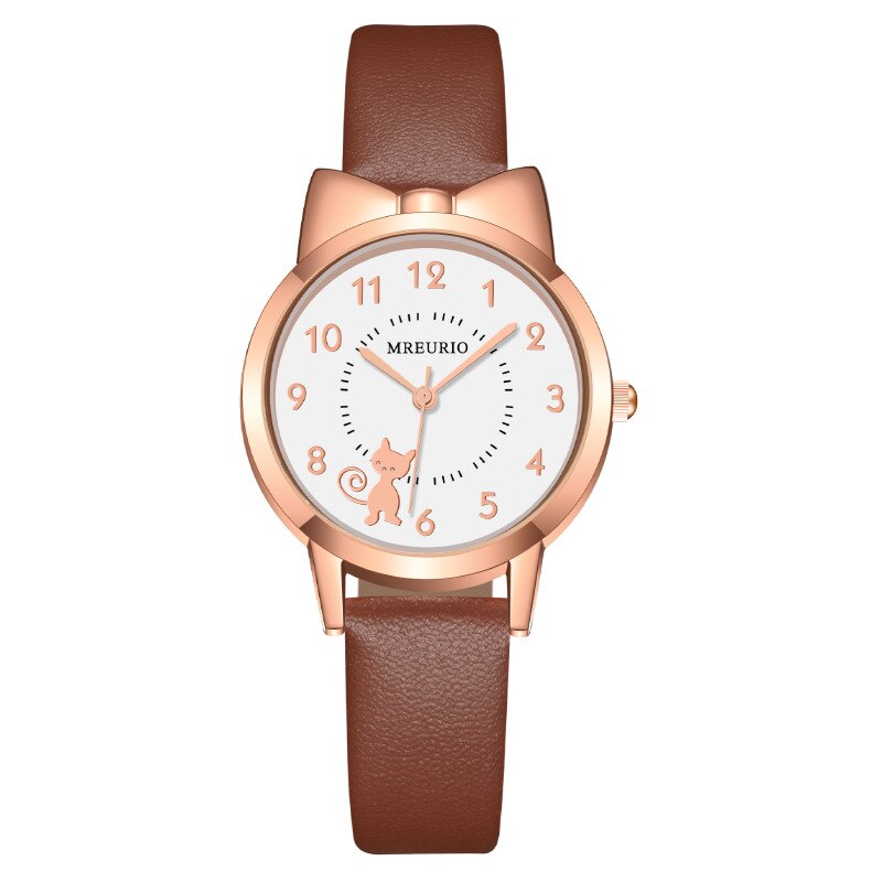 Reloj de cuarzo con correa de cuero para niños, pulsera Digital con lazo de gato bonito.