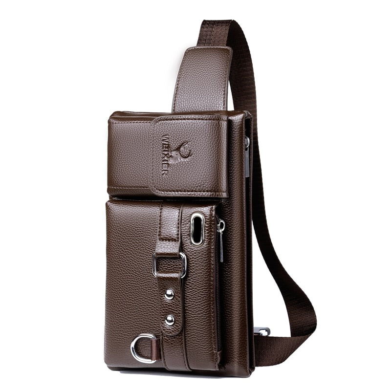 WEIXIER Riñoneras de cuero PU para hombre, bolso de pecho multiusos de Color sólido, bandolera negra/marrón, a la moda
