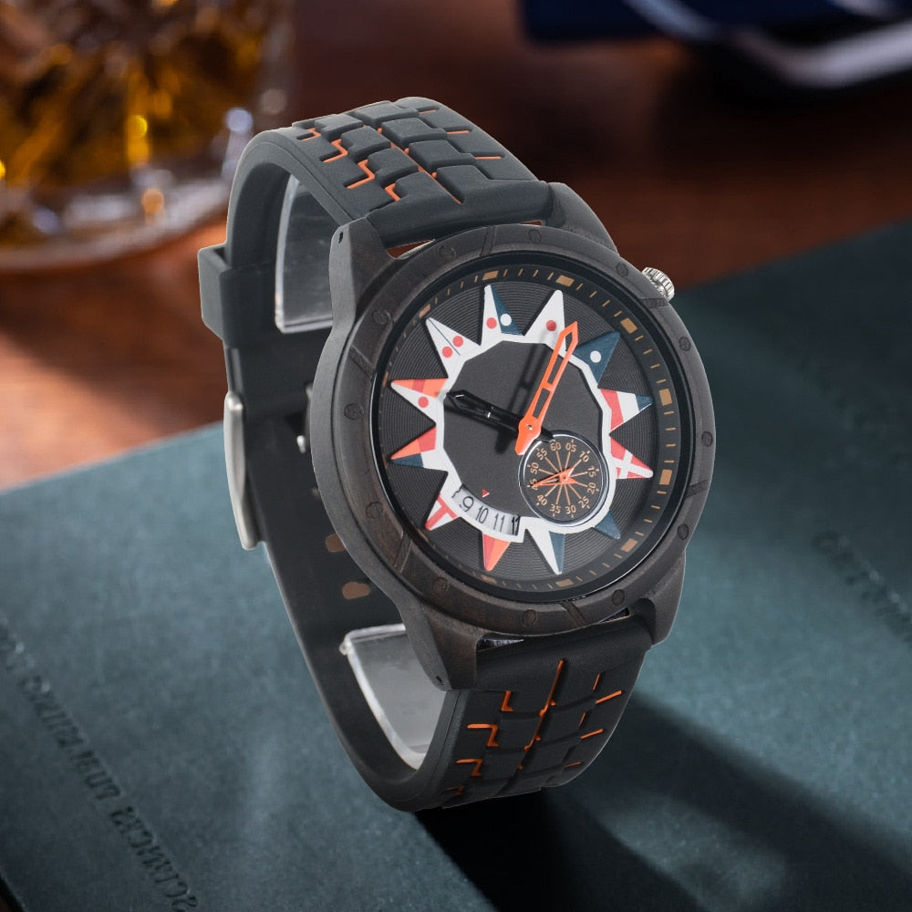 Wood Watch¡Presentamos el "Wood Watch Concept Dial"! Un reloj de madera para hombres con un concepto único de esfera inspirada en la bandera nacional y el aro de una rueda.  ¡Un reloj de madera que combina estilo y funcionalidad! ⌚🚴‍♂️