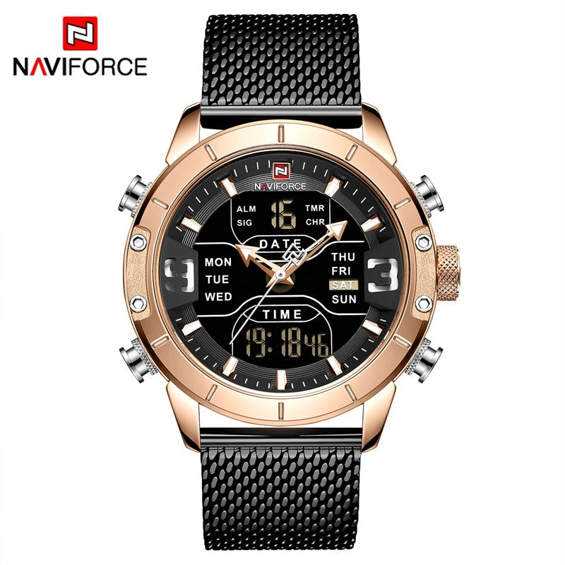 NAVIFORCE – reloj para hombres, cronógrafo de cuarzo, deportivo, militar, digital, LED, de acero inoxidable, masculino