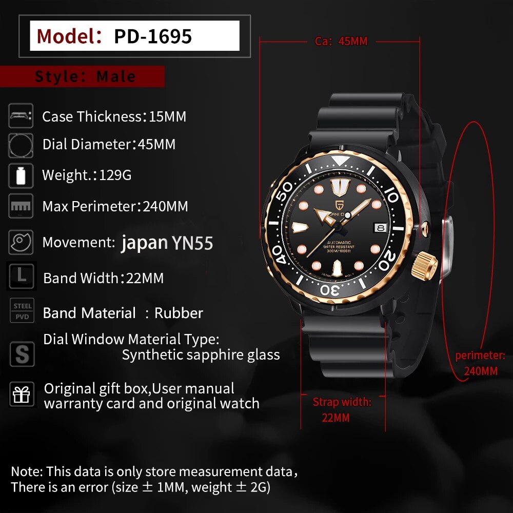 PAGANI DESIGN-reloj mecánico de lujo para hombre, cronógrafo automático de cristal de zafiro luminoso, resistente al agua, 300M, 45MM