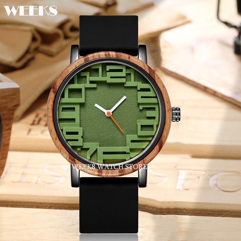 Reloj de madera de bambú para hombre y mujer, pulsera con números, banda de silicona, diseño Simple