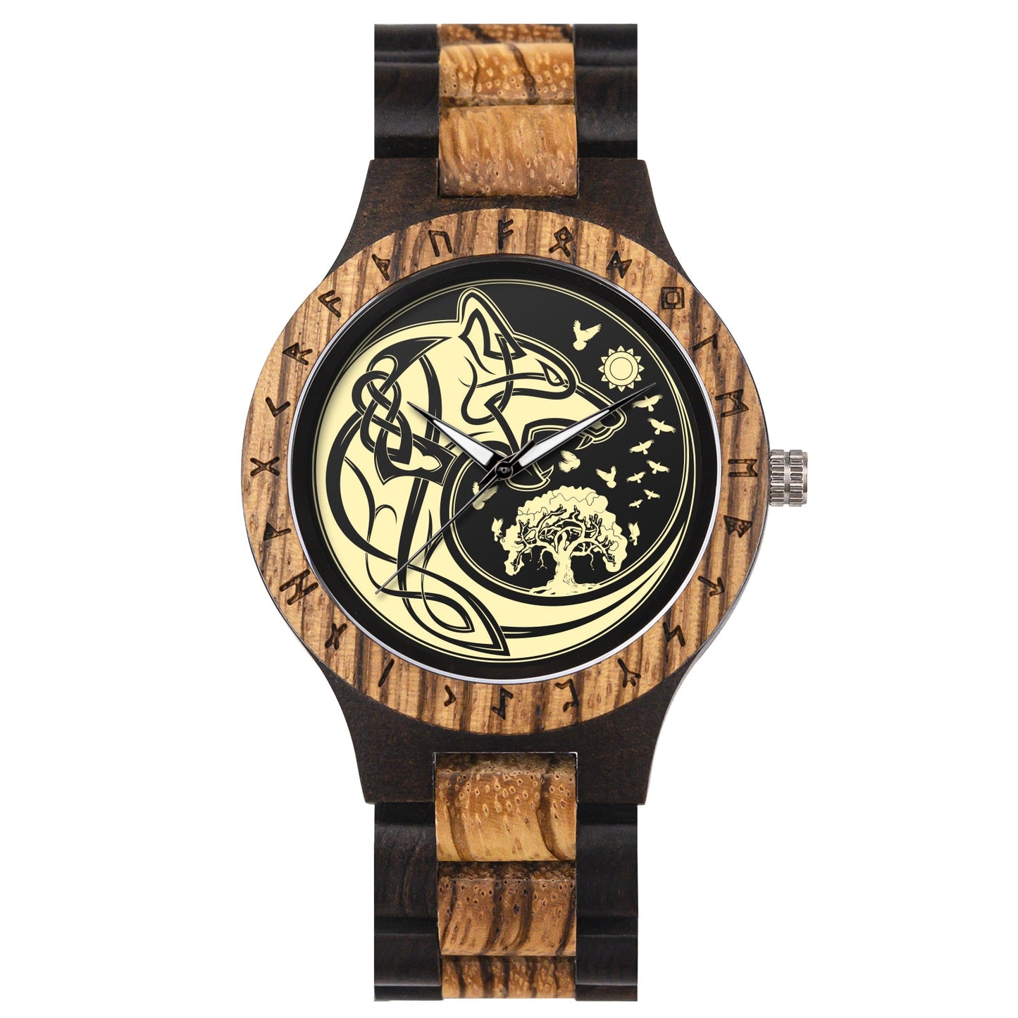 BOBO BIRD- COLECCION RUNA NORDICA  Reloj de pulsera de madera para hombre, cronógrafo de cuarzo con círculo rúnico, timón dorado, Vegvisir, a la moda, gran caja de regalo