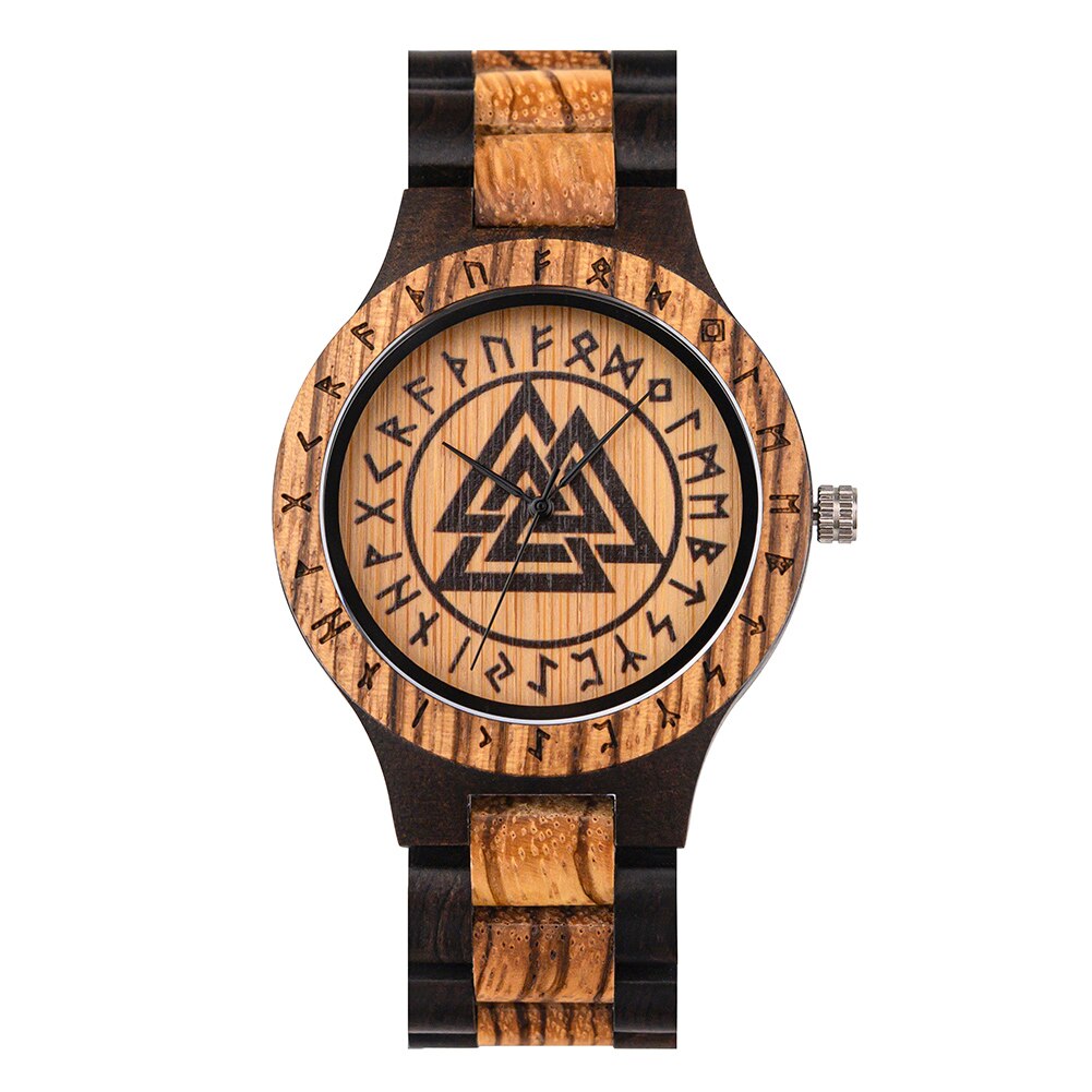 BOBO BIRD- COLECCION RUNA NORDICA  Reloj de pulsera de madera para hombre, cronógrafo de cuarzo con círculo rúnico, timón dorado, Vegvisir, a la moda, gran caja de regalo