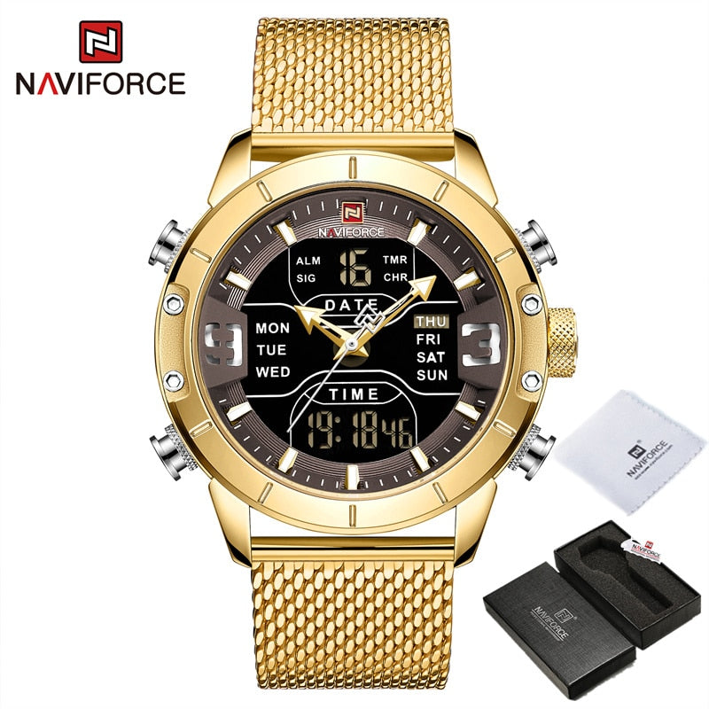 NAVIFORCE – reloj para hombres, cronógrafo de cuarzo, deportivo, militar, digital, LED, de acero inoxidable, masculino