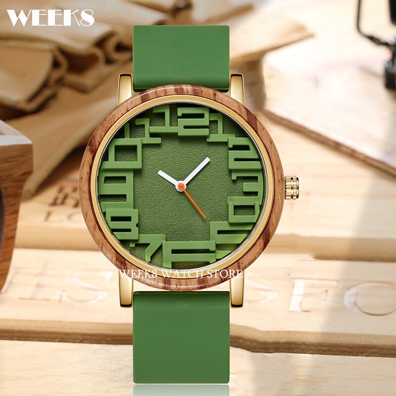 Reloj de madera de bambú para hombre y mujer, pulsera con números, banda de silicona, diseño Simple
