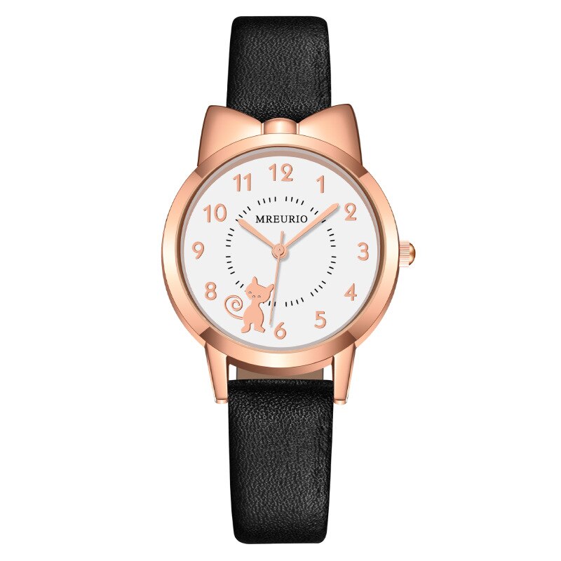 Reloj de cuarzo con correa de cuero para niños, pulsera Digital con lazo de gato bonito.