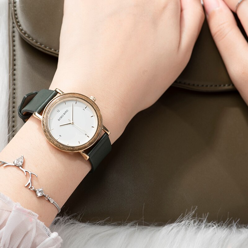 BOBO BIRD-reloj de madera ultrafino para mujer, accesorio de pulsera de cuarzo con movimiento japonés, correa de cuero auténtico, color dorado, 6,5mm