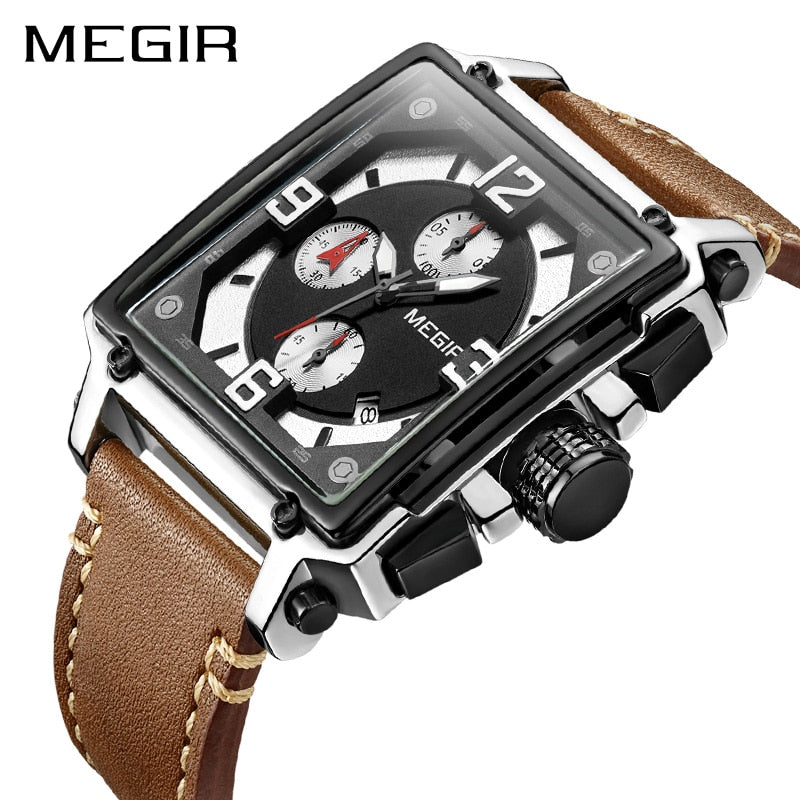 MEGIR reloj analgico con correa de cuero para hombre accesorio de pulsera de cuarzo resistente al agua con crongrafo complemento Masculino deportivo