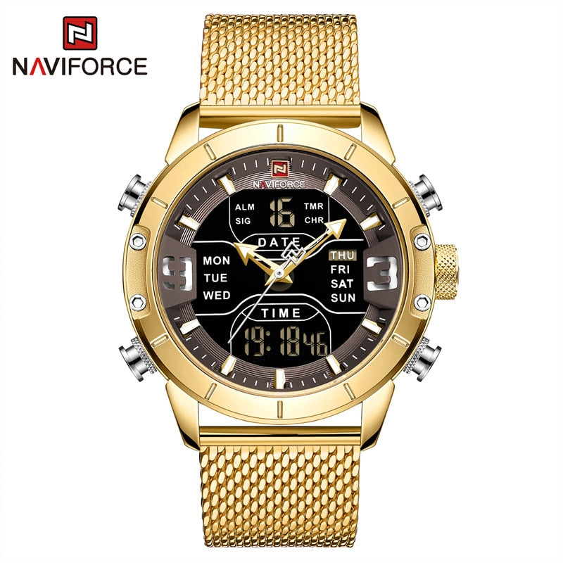 NAVIFORCE – reloj para hombres, cronógrafo de cuarzo, deportivo, militar, digital, LED, de acero inoxidable, masculino
