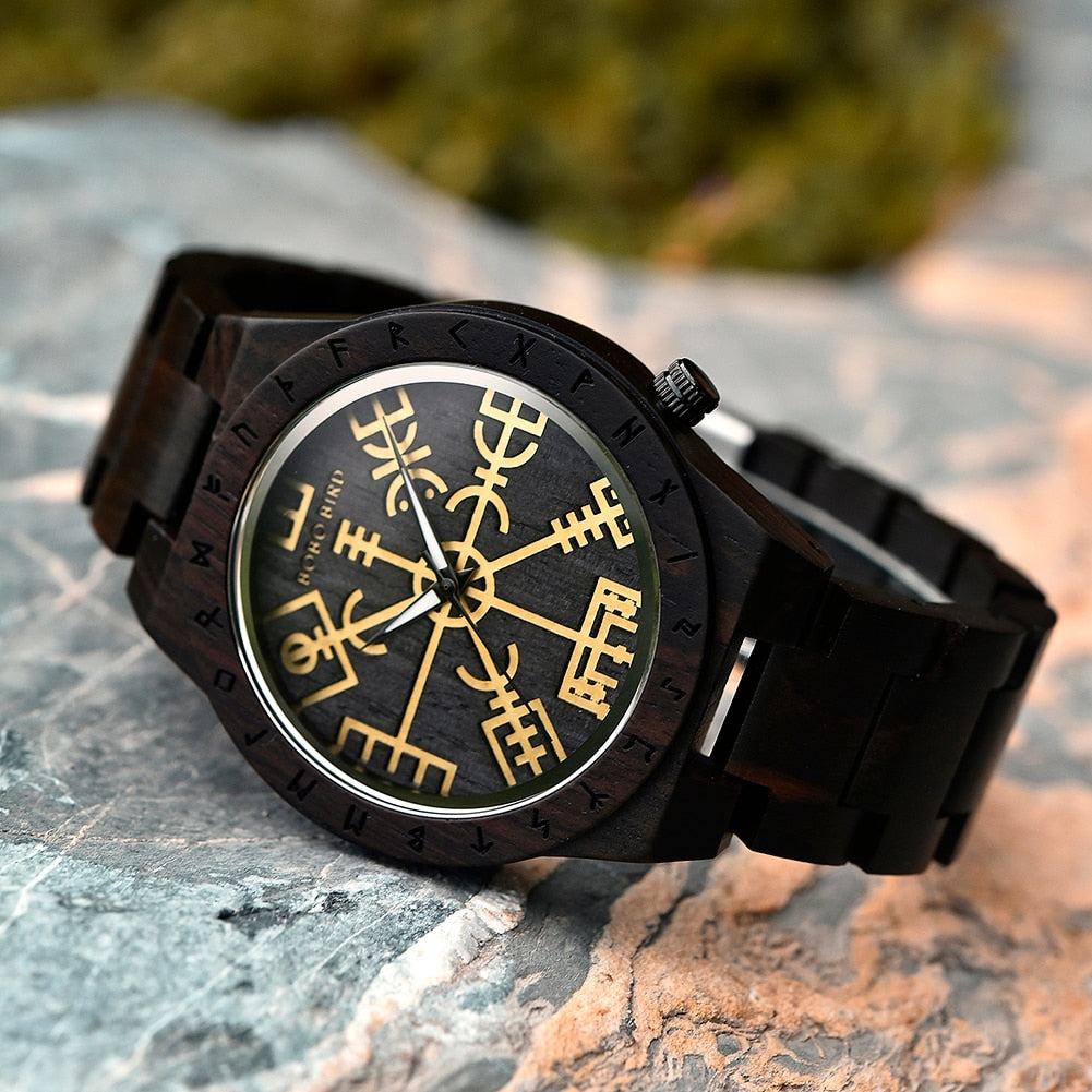BOBO BIRD- COLECCION RUNA NORDICA  Reloj de pulsera de madera para hombre, cronógrafo de cuarzo con círculo rúnico, timón dorado, Vegvisir, a la moda, gran caja de regalo