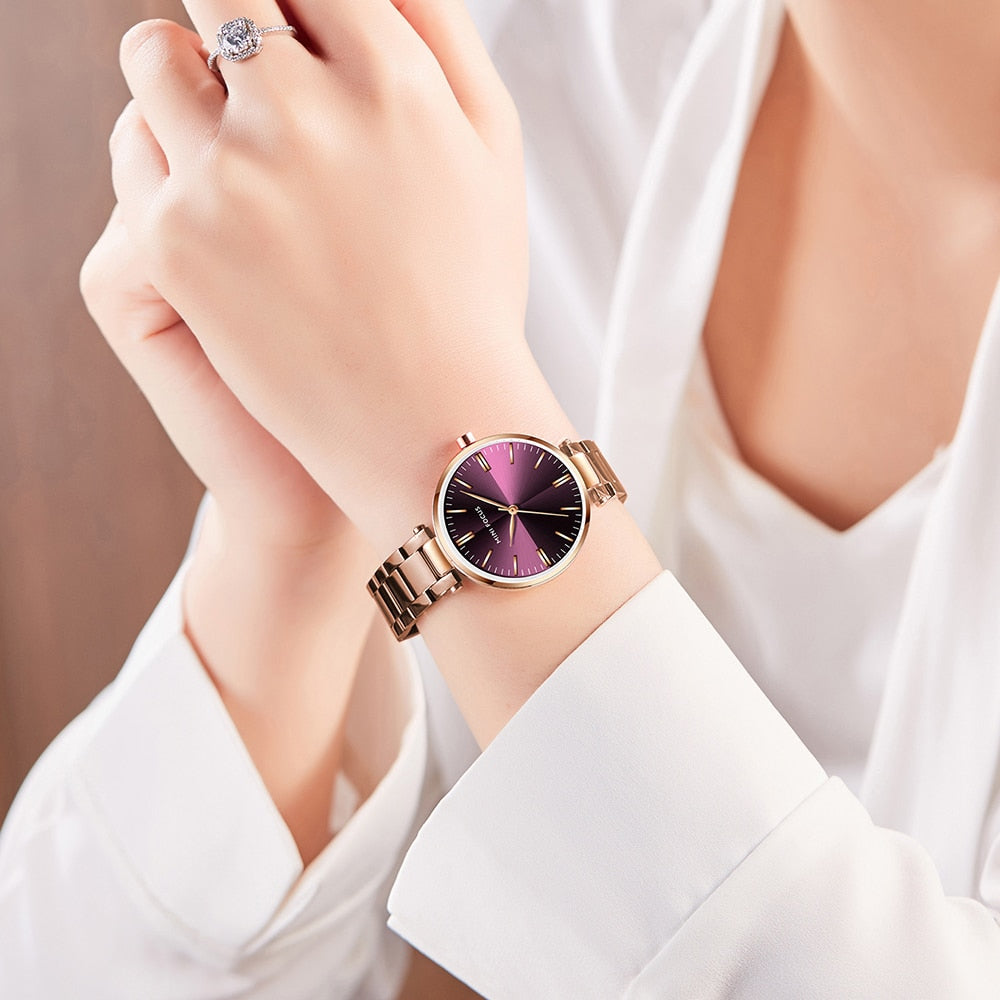 MINIFOUCS-relojes sencillos de acero para mujer, pulsera de cuarzo púrpura, resistente al agua, marca de lujo.