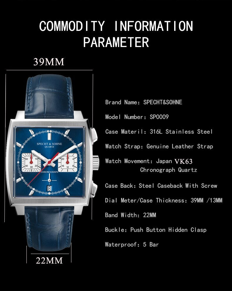 2023 Specht & Sohne Reloj de Lujo para Hombre, Cuarzo Azul, Cronógrafo VK63 Japonés, Resistente al Agua, Pulsera de Acero Inoxidable. ¡Elegancia y Precisión en tu muñeca! ⌚💎🌊