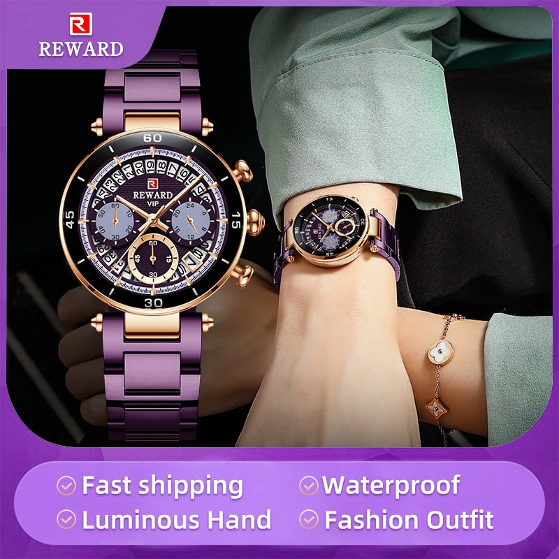 REWARD Reloj de pulsera de recompensa para mujer, cronógrafo con fecha de viaje a la moda, resistente al agua, informal, de cuarzo