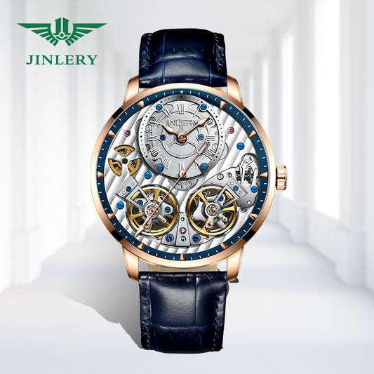 JINLERY-reloj mecánico automático para hombre, cronógrafo de pulsera de doble volante, de lujo, de cristal de zafiro, resistente al agua