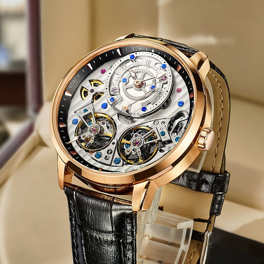 JINLERY Reloj de pulsera automtico para hombre crongrafo mecnico de lujo con doble volante a la moda MasculinoRelojes mecnicos -