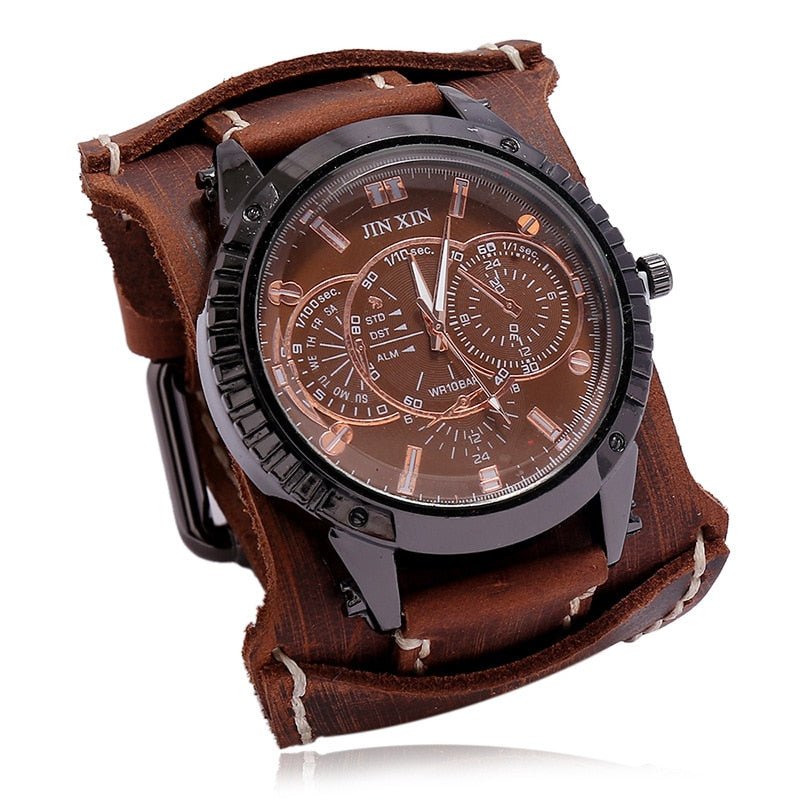 Relojes lujo hombres: cuarzo, dial grande, ver amplia, pulsera cuero, punk, deportiva, regalo.
