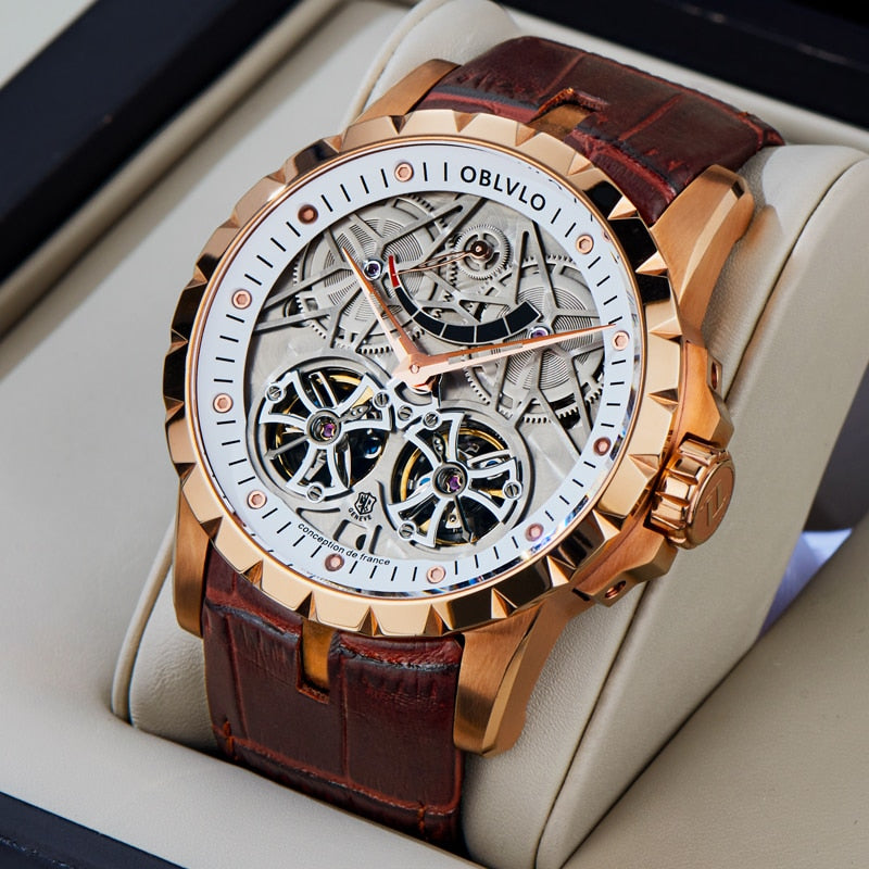 OBLVLO lujo transparente hueco esqueleto relojes automáticos para hombres deporte mecánico doble volante piel de becerro cuero zafiro