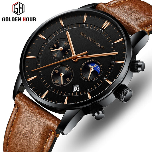 GOLDENHOUR-Reloj deportivo, cronógrafo cuarzo, de lujo, moda, cuero, resistente al agua